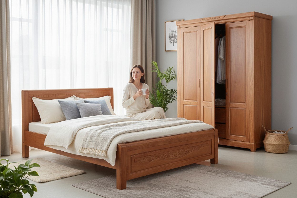 Giường tủ phòng ngủ tân cổ điển đầy đủ tiện nghi