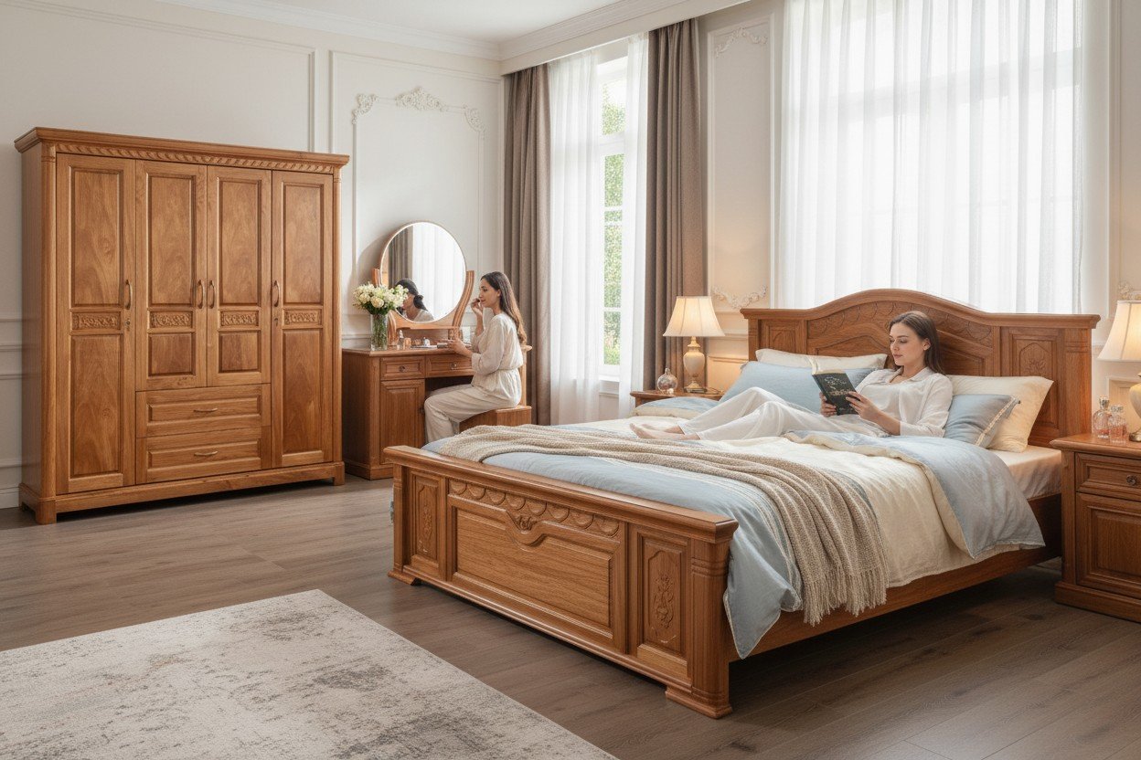 Giường tủ phòng ngủ tân cổ điển đầy đủ tiện nghi