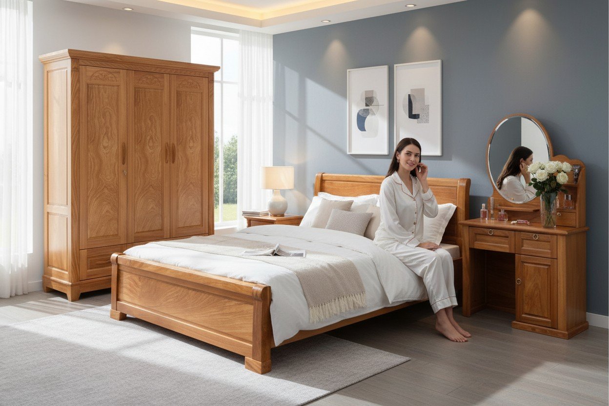 Bộ giường tủ phòng ngủ hiện đại gỗ công nghiệp màu trắng sang trọng