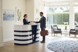 Bàn lễ tân tính tiền gỗ công nghiệp MDF cao cấp