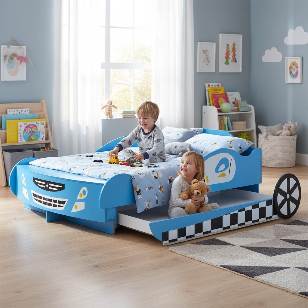 Giường ô tô trẻ em thiết kế xe đua F1 màu xanh dương năng động