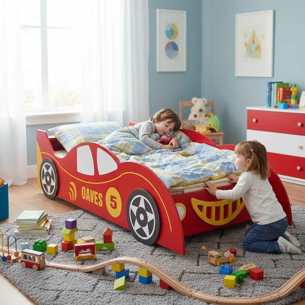 Giường xe tầng cho hai bé màu xanh với thanh chắn an toàn