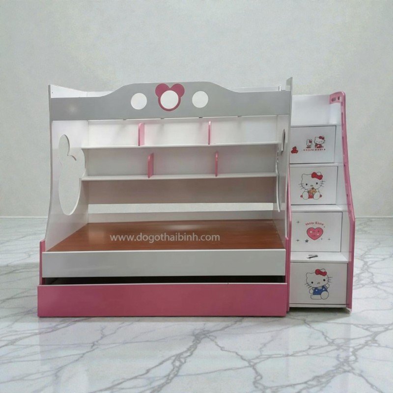 Giường tầng trẻ em đẹp màu trắng hồng thiết kế hiện đại