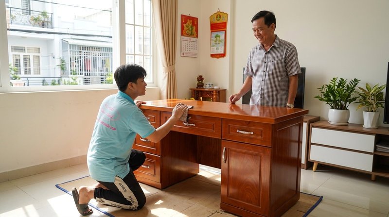 Bàn văn phòng gỗ MDF lõi xanh nhìn tổng thể mặt bàn