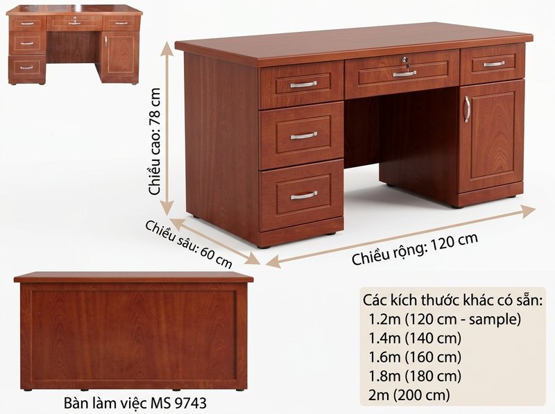 Bản vẽ kích thước bàn làm việc văn phòng MS 9743 các cỡ