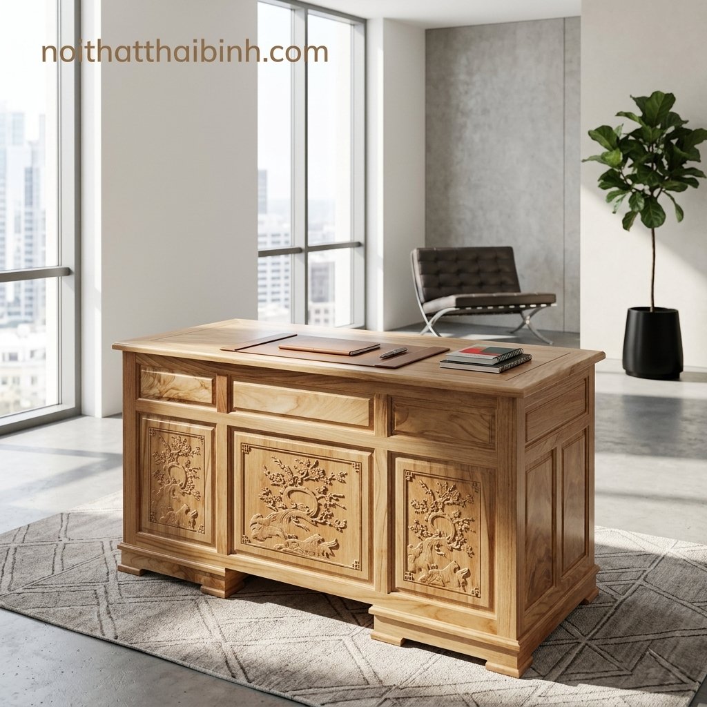 Cách Chọn Bàn Làm Việc Gỗ Bền: 7 Tiêu Chí Vàng 2026 Bàn làm việc gỗ bền tự nhiên phòng làm việc hiện đại