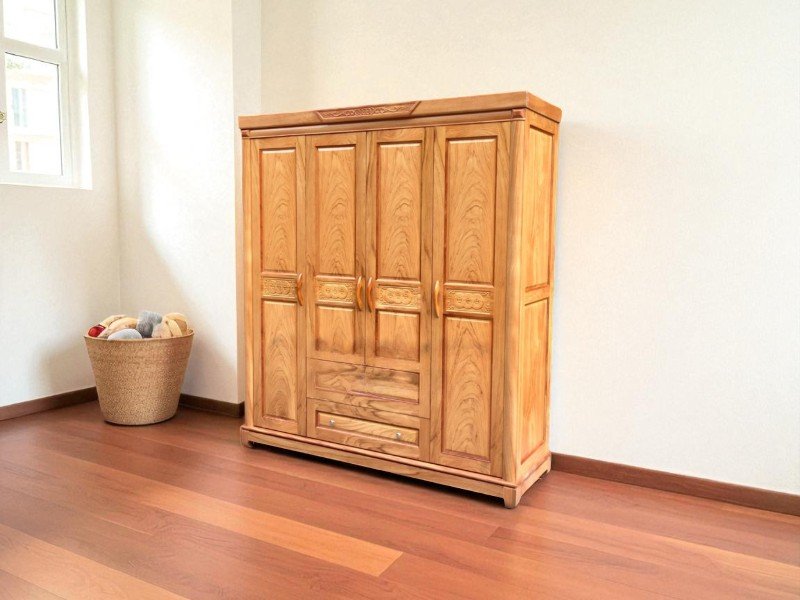 Mẫu tủ quần áo gỗ sồi 4 cánh hiện đại màu vàng nhạt cho phòng ngủ