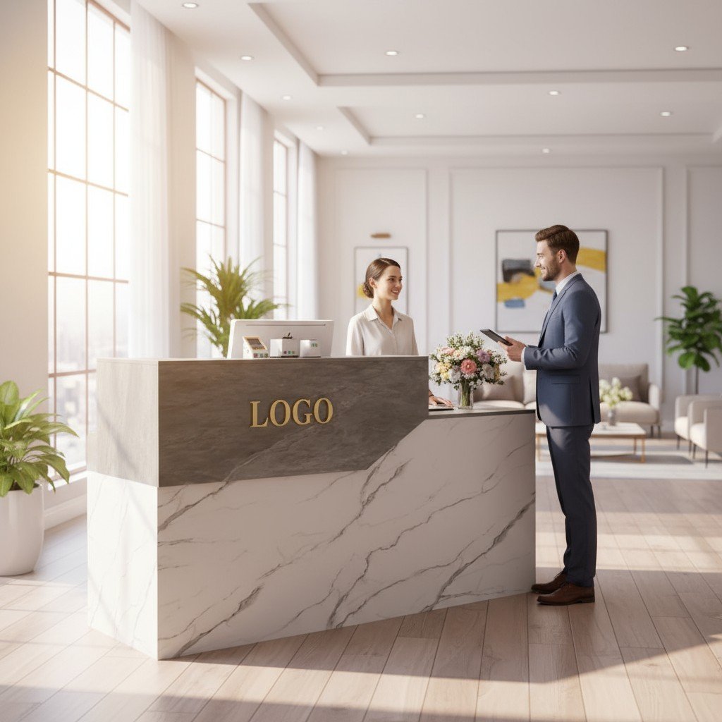 Quầy giao dịch gỗ MFC vân đá sang trọng giá cạnh tranh