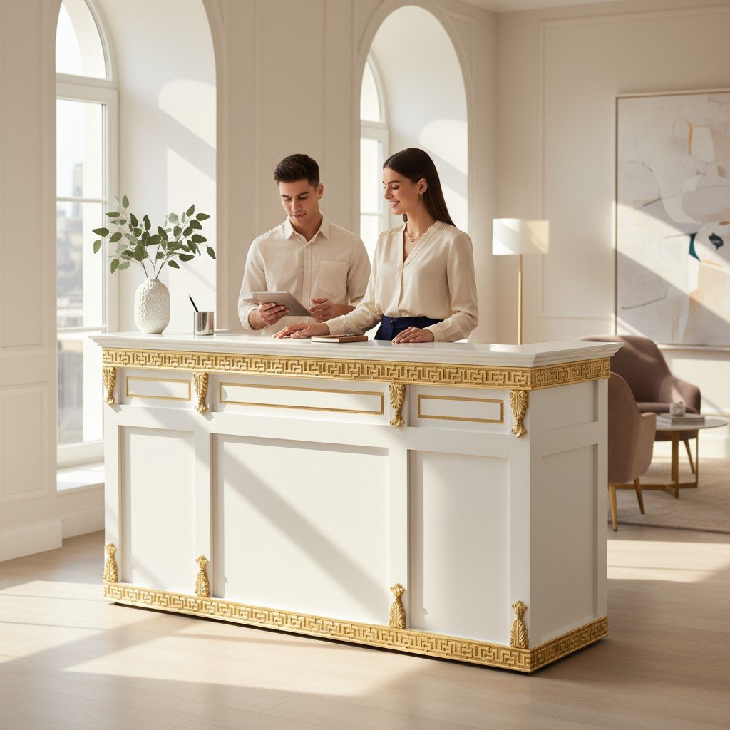 Quầy thu ngân đẹp kết hợp backdrop logo công ty ấn tượng