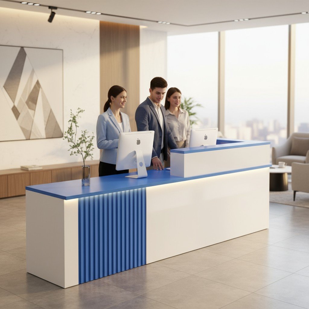 Quầy thu ngân đẹp kết hợp backdrop logo công ty ấn tượng