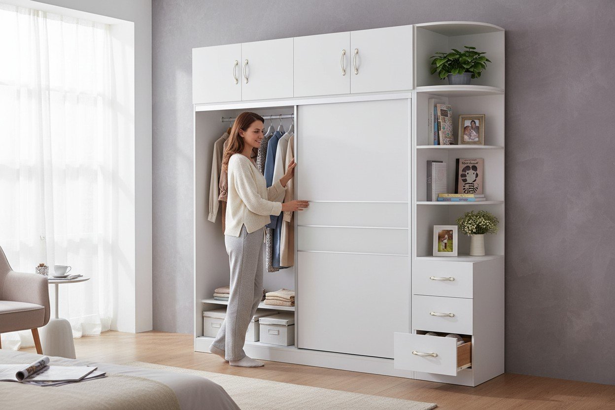 Mẫu tủ quần áo gỗ cửa lùa tiết kiệm diện tích cho phòng nhỏ