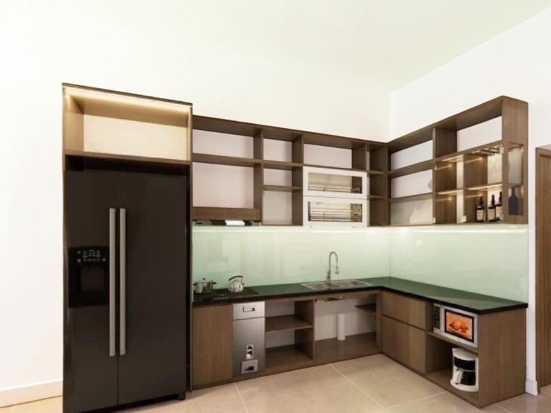 Mẫu tủ rượu âm tường phòng bếp kết hợp bàn bar mini