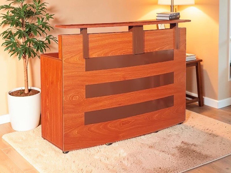 Quầy lễ tân giá rẻ MDF sơn men trắng phối chỉ vàng