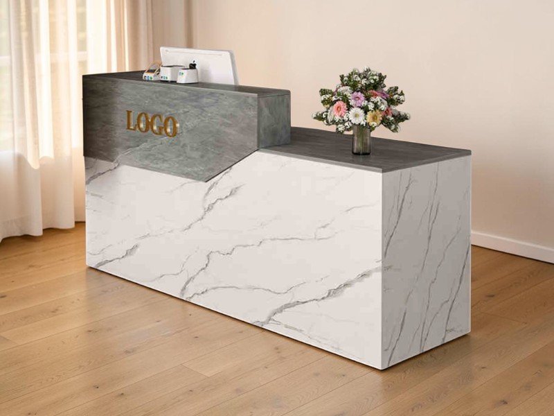 Bí quyết để mua quầy lễ tân giá rẻ chất lượng nhất Quầy lễ tân giá rẻ gỗ công nghiệp màu trắng phối xán hiện đại
