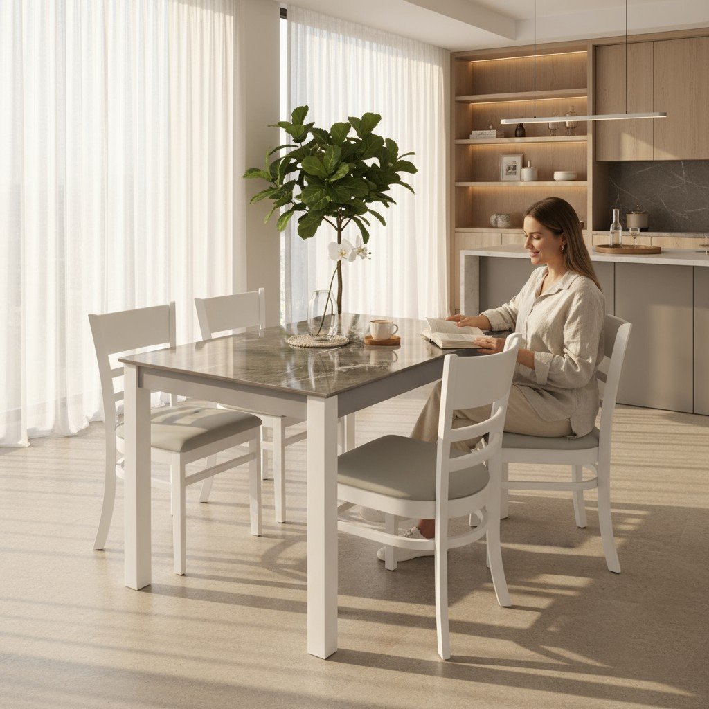 Bàn ăn tân cổ điển màu trắng ngà phong cách châu Âu hiện đại