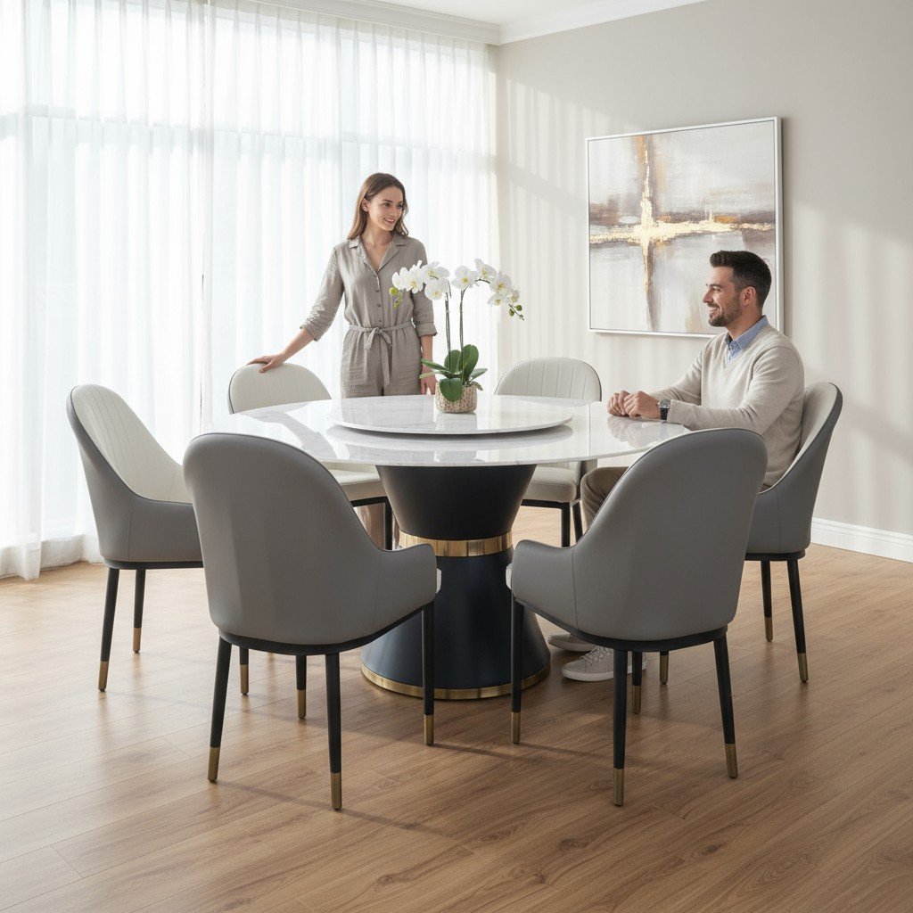 Bàn ăn tròn tân cổ điển mặt đá cẩm thạch chân mạ vàng đẳng cấp