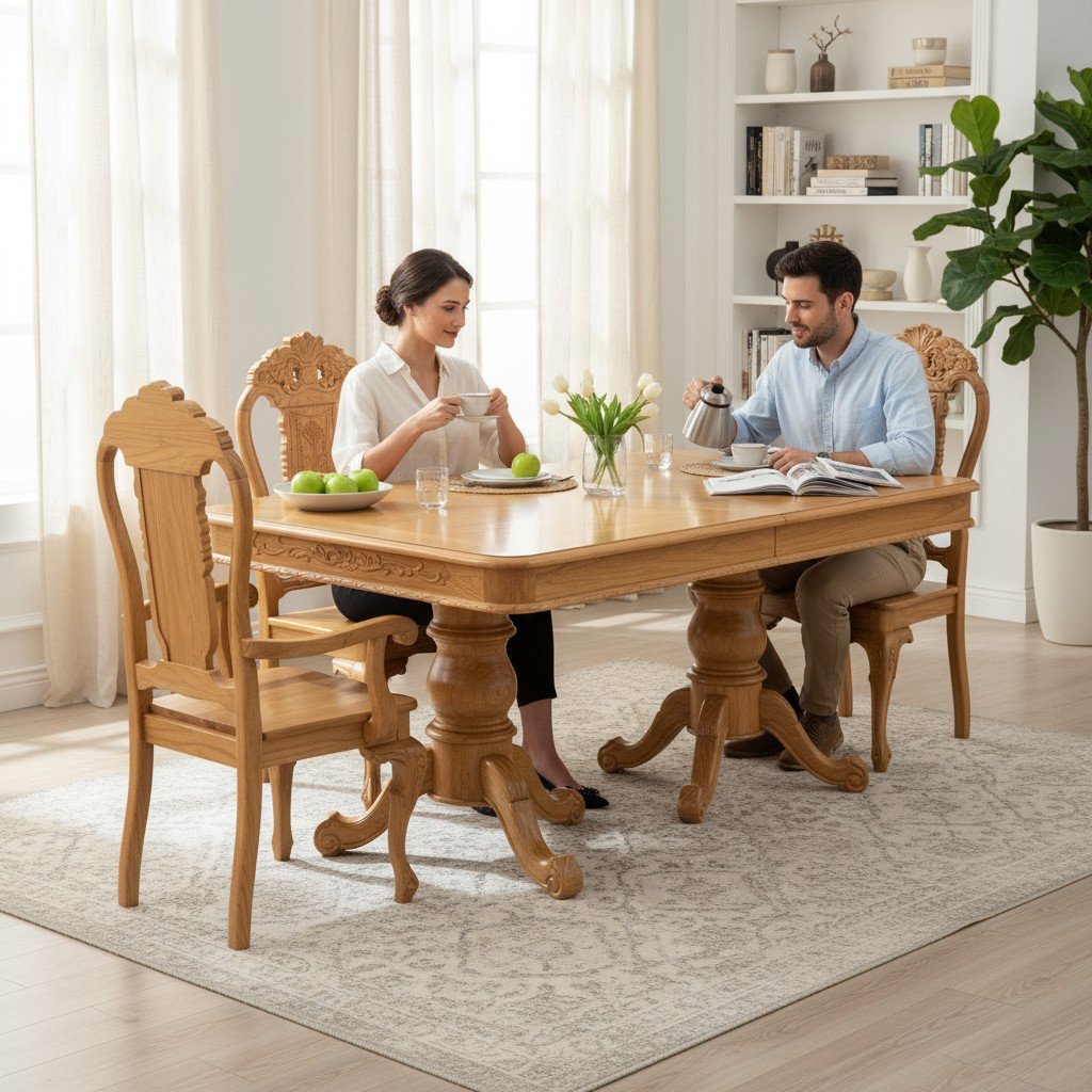 Bộ bàn ăn tân cổ điển 6 ghế gỗ sồi mặt đá cao cấp sang trọng