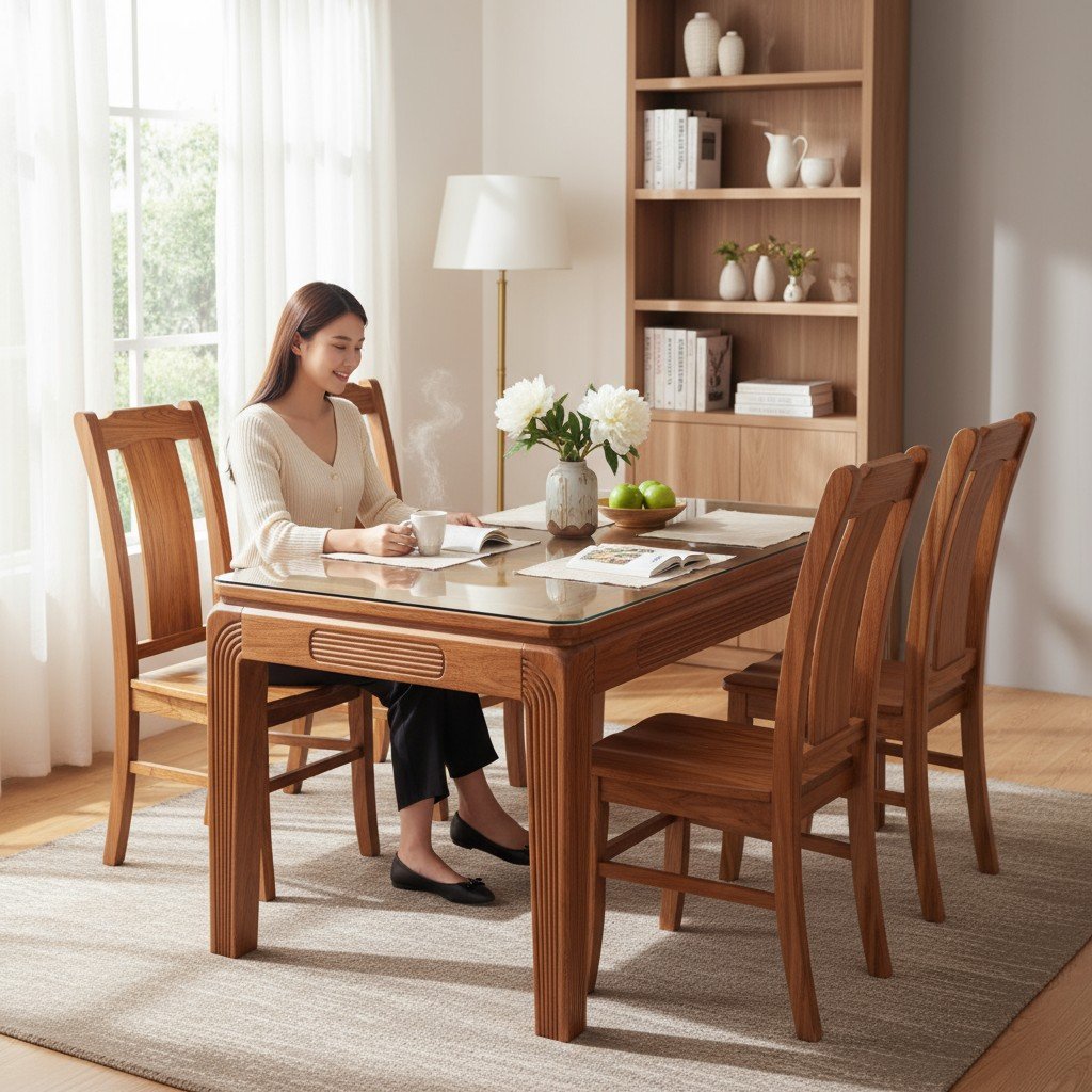 Bộ bàn ăn tân cổ điển gỗ óc chó mặt đá granite cho biệt thự