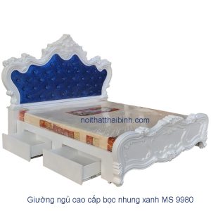 Giường ngủ cao cấp bọc vải nhung xanh