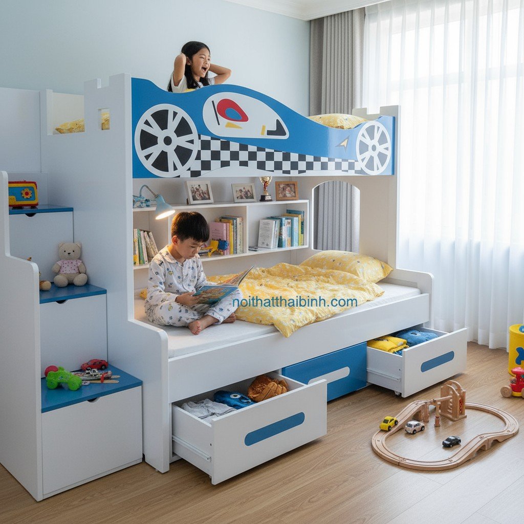 Giường Tầng Trẻ Em Cho Bé Trai MS 1001 9 Không gian phòng bé trai với giường tầng trẻ em tiết kiệm diện tích