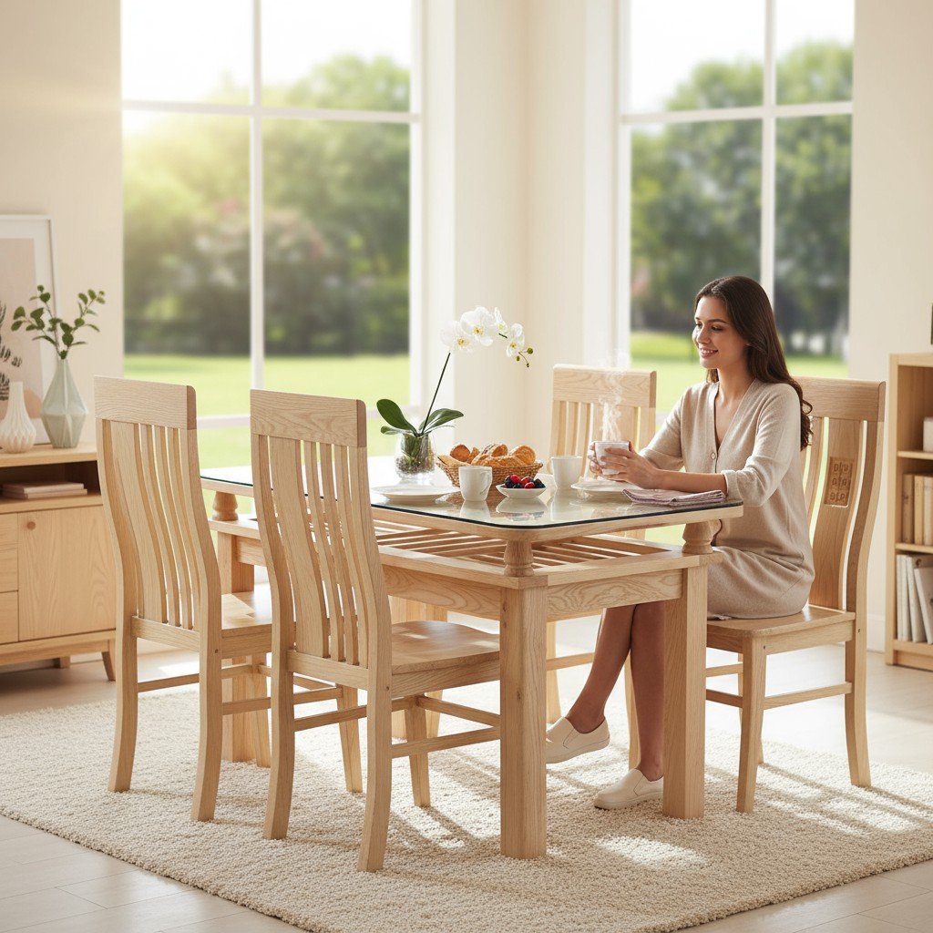 Bàn ăn gỗ sồi 1m2 có kèm mặt kính tại Nội Thất Thái Bình