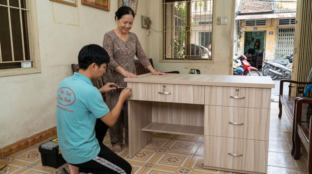 Ráp bàn làm việc 1m2 tại nhà chị Hằng Quận 3