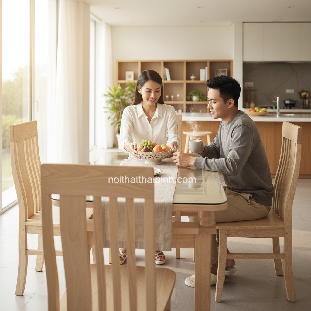 Không gian phòng bếp sang trọng với bộ bàn ăn gỗ sồi giá rẻ