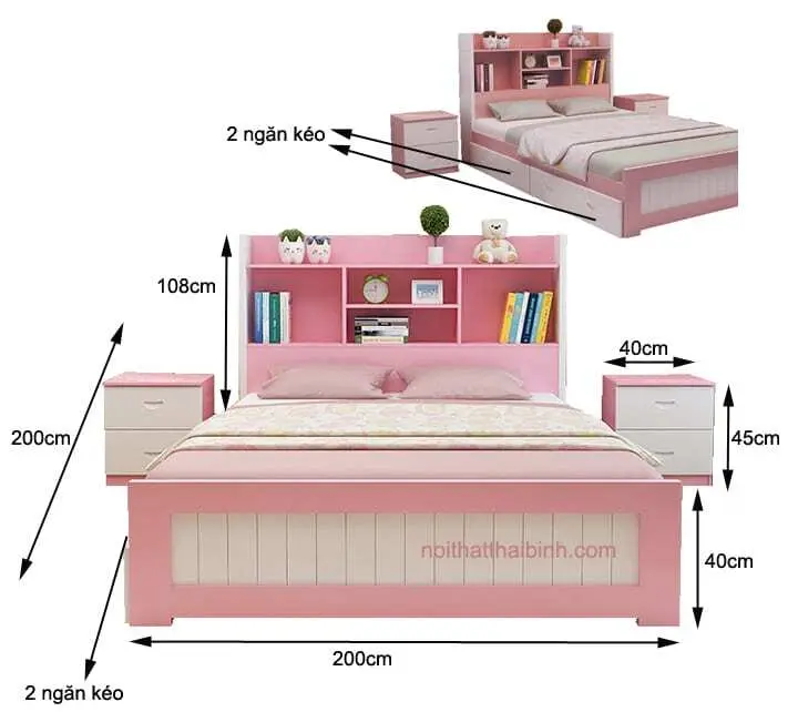 Giường ngủ trẻ em màu hồng MS 1056 Giá bán = 6.500.000 đ 6 Kích thước giường ngủ trẻ em màu hồng