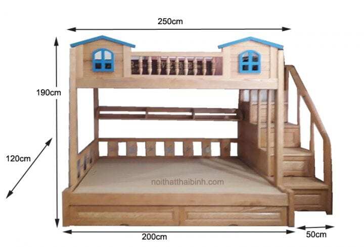 Kích thước giường tầng trẻ em gỗ sồi tự nhiên