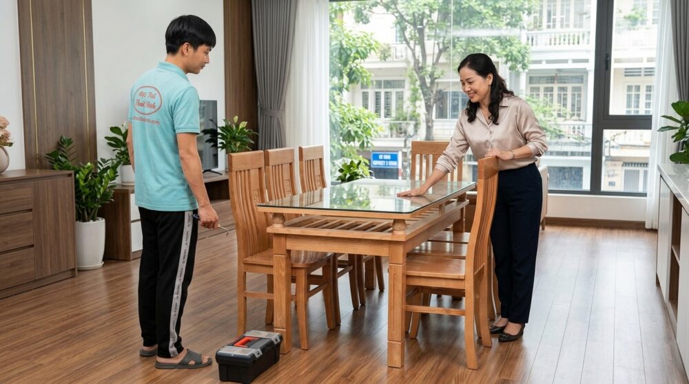 Bộ bàn ăn 6 ghế gỗ xoan đào MS 1272 Giá bán = 11.500.000 đ giảm còn = 8.500.000 đ Bàn ăn 6 ghế gỗ xoan đào MS 1272 đặt trong nhà Chị Mai - Bình Thạnh