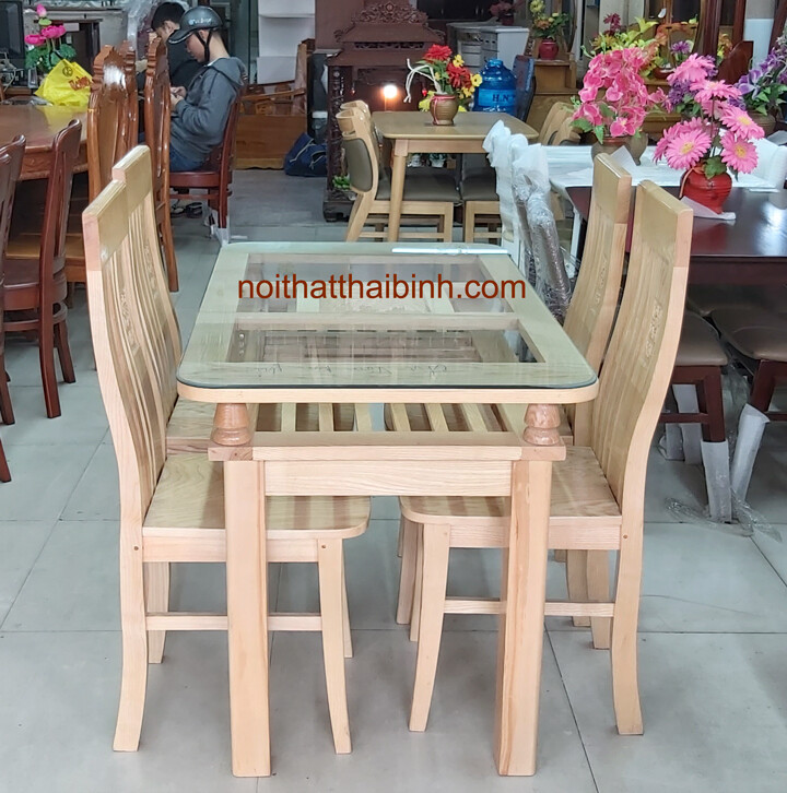 Bộ bàn ăn gỗ sồi 4 ghế mặt kính giá rẻ
