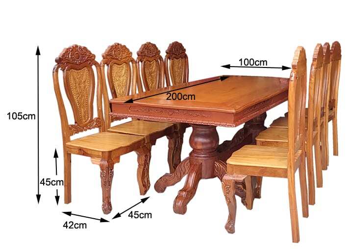 Kích thước bộ bàn ăn gỗ căm xe gõ đỏ