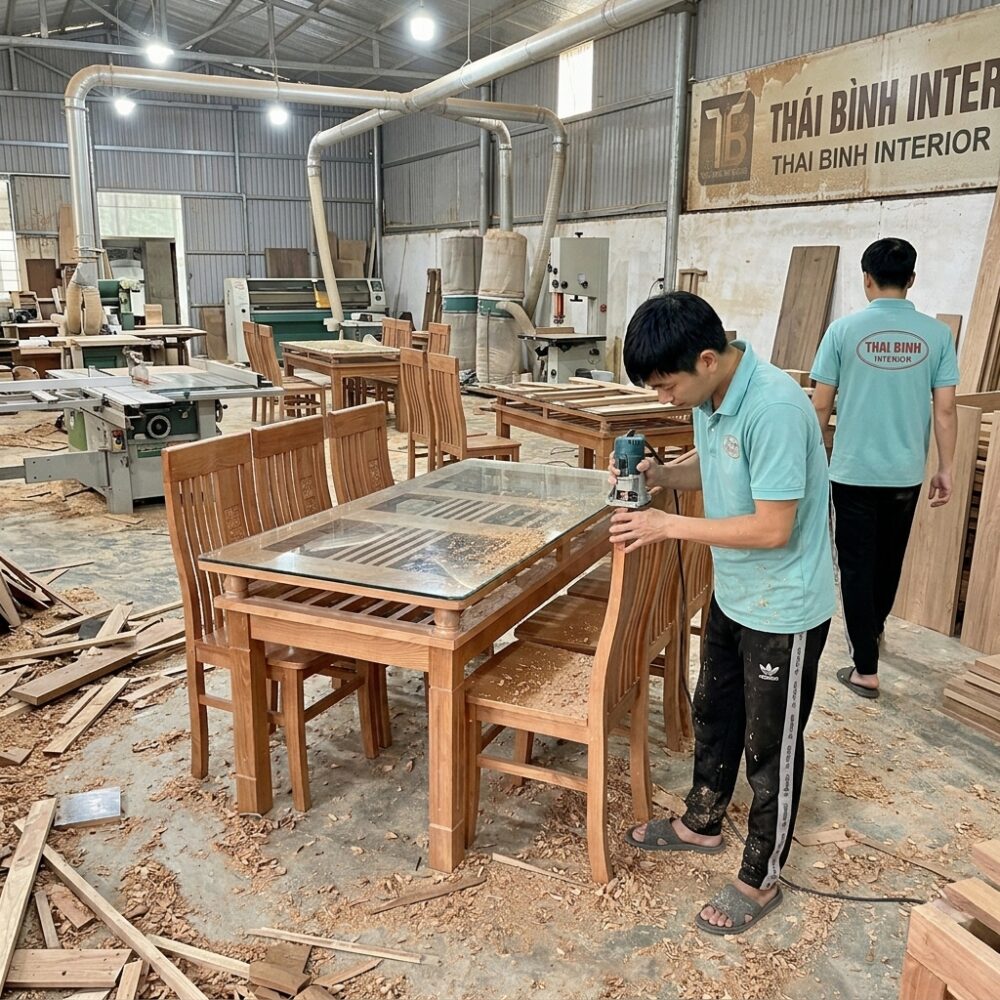 Thợ mộc xưởng Nội Thất Thái Bình hoàn thiện bàn ăn 6 ghế gỗ xoan đào Thợ mộc xưởng Nội Thất Thái Bình hoàn thiện bàn ăn 6 ghế gỗ xoan đào