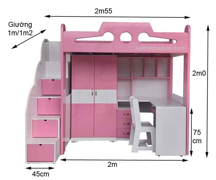 Kích thước giường tầng tủ áo bàn học