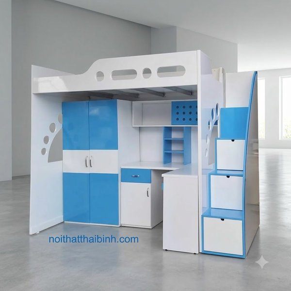 Bộ giường tầng bàn học tủ áo hoàn thiện góc chụp chính diện