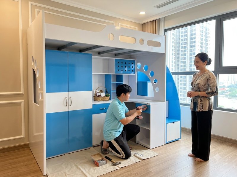 Góc bàn học kệ sách bên dưới giường tầng cho bé