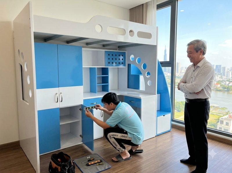 Chi tiết cầu thang và thành chắn giường tầng cho bé an toàn