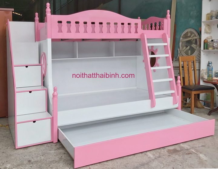 Giường tầng đẹp cho bé có giường ngăn kéo màu hồng
