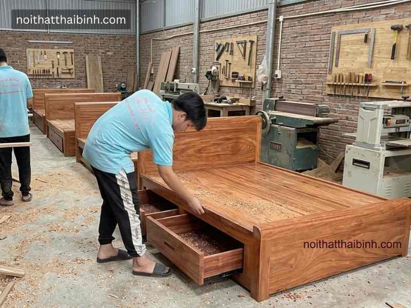 Giường gỗ có hộc kéo tại xưởng mộc nội thất Thái Bình