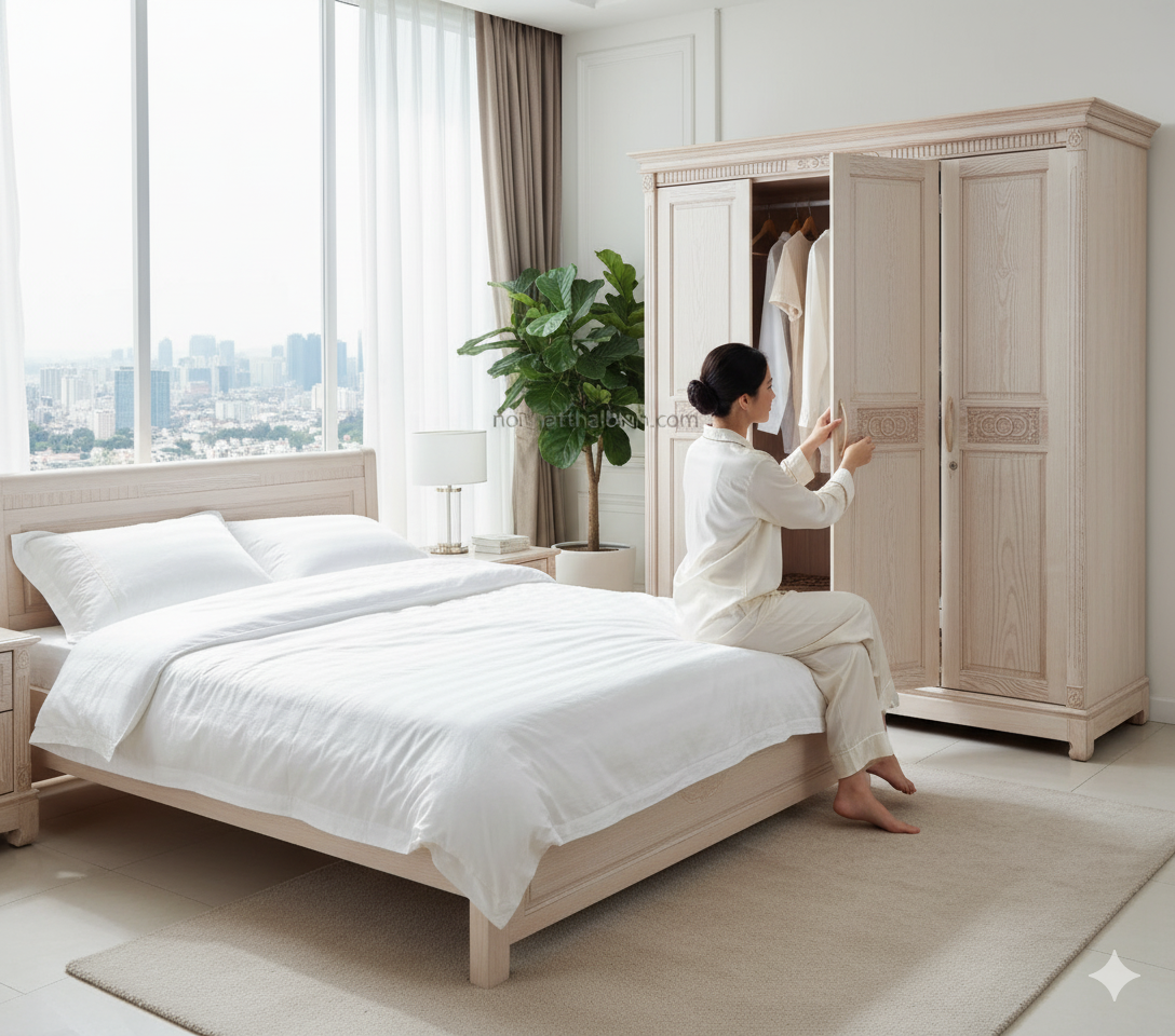 Bộ phòng ngủ gỗ sồi tự nhiên đẹp MS 2025 8 Giường tủ gỗ sồi