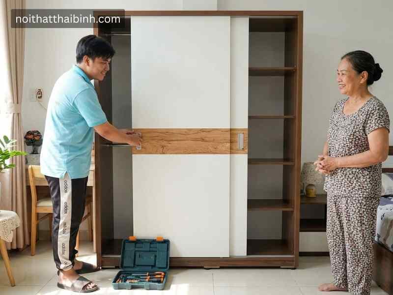 Tủ quần áo cánh trượt hiện đại Tủ quần áo cánh trượt hiện đại MS 2098 màu trắng melamine phối vân gỗ