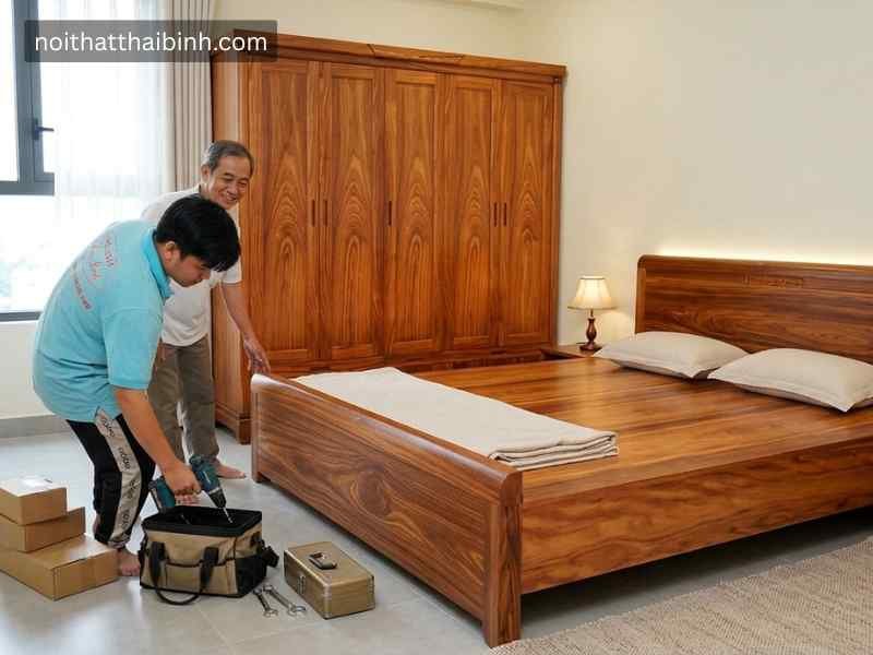 Bộ phòng ngủ gỗ tự nhiên vân hương xám MS 2417 Bộ phòng ngủ gỗ tự nhiên vân hương xám tại xưởng mộc nội thất Thái Bình