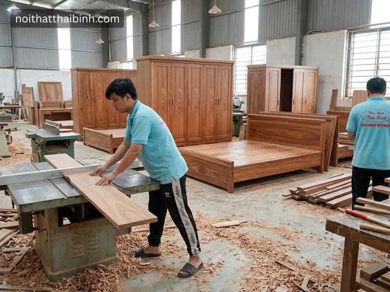 Bộ phòng ngủ gỗ tự nhiên vân hương xám MS 2417 Bộ phòng ngủ gỗ tự nhiên vân hương xám tại xưởng mộc nội thất Thái Bình
