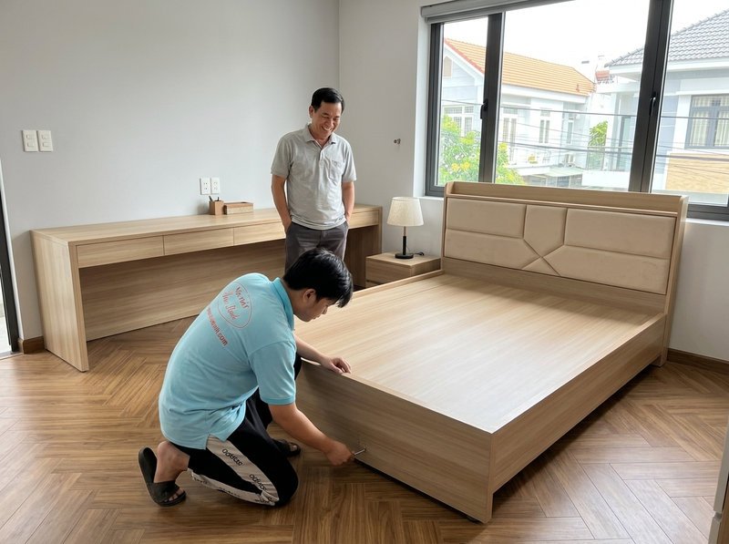 Giường ngủ cao cấp MS 2146 Giường ngủ cao cấp melamine chống trầy đặt trong phòng ngủ hiện đại
