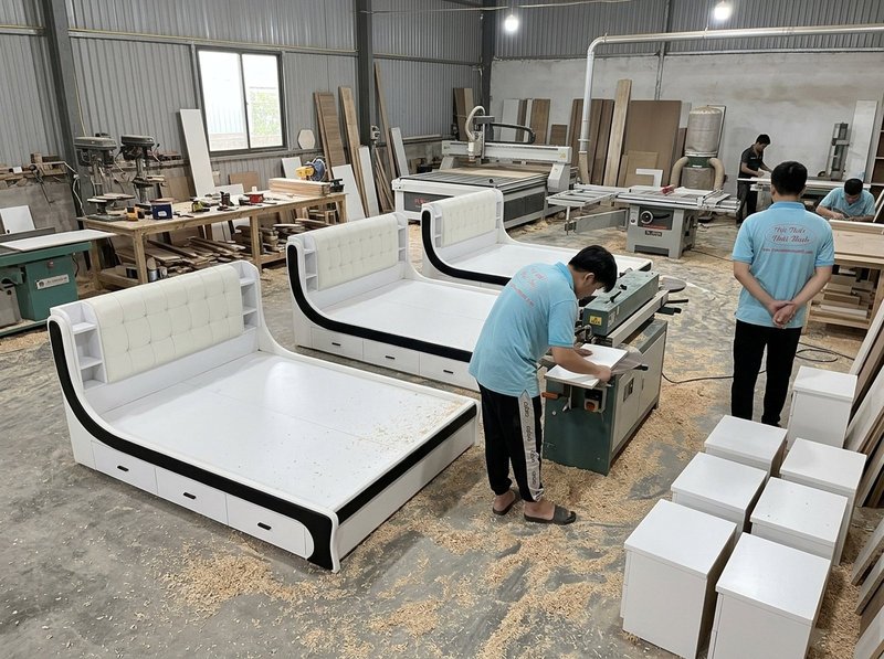 Giường ngủ cao cấp hiện đại sơn men trắng đầu bọc nệm da