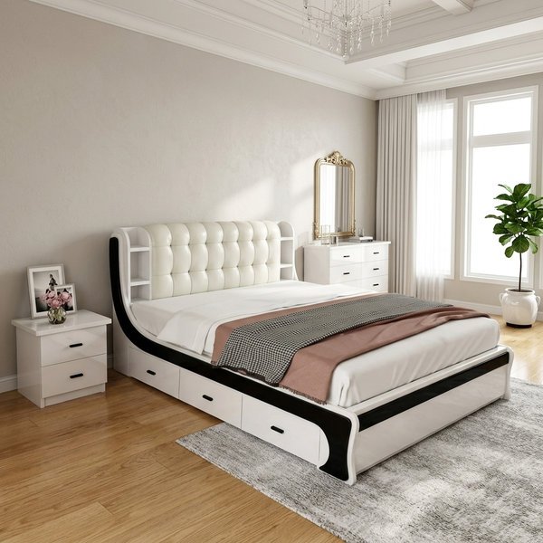 Giường ngủ cao cấp hiện đại màu trắng trọn bộ kèm tủ đầu giường