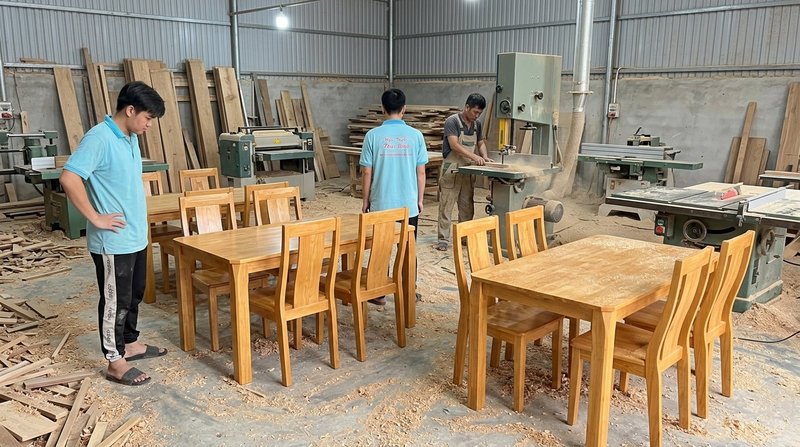 Bộ bàn ăn gỗ cao su tự nhiên MS 2479 Chân bàn ăn gỗ cao su liên kết mộng chắc chắn