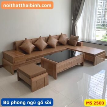 Bộ sofa gỗ nệm da gỗ sồi