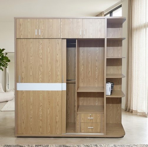 Tủ áo cao áp trần đẹp MS 2565 Mẫu tủ quần áo cửa lùa vân sồi lắp đặt thực tế