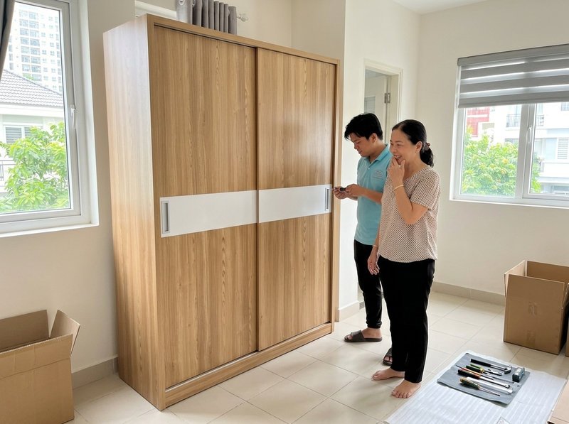 Tủ quần áo cửa trượt đẹp màu vân gỗ đặt trong phòng ngủ